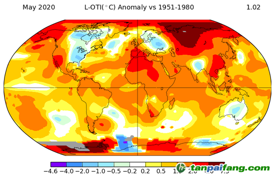 地圖對比了2020年5月氣溫VS1951-1980年5月的平均溫度，如圖所示，北極圈內(nèi)的西伯利亞部分地區(qū)和南極洲溫度飆升。資料來源：聯(lián)合國環(huán)境規(guī)劃署世界環(huán)境情報(bào)室(WESR)